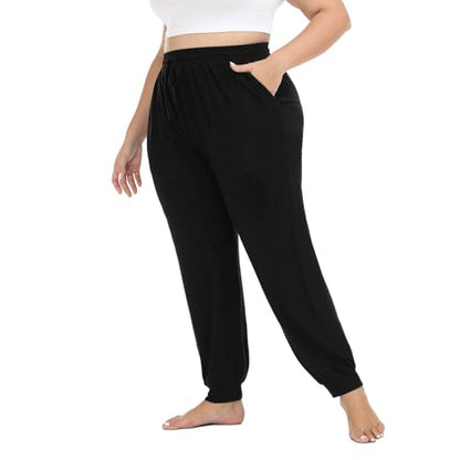 Women's Plus Size Joggers Cotton Sweatpants Casual Lounge Yoga Pants Drawstring with Pockets - color: Black, size: 2X