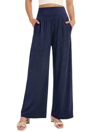 Wide Leg Pants Women Stretchy Sweatpants High Waisted Palazzo Pants - color: Blue, size: Large