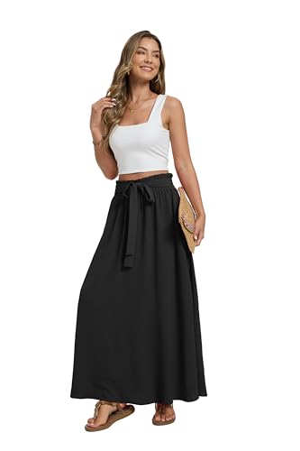 Womens Maxi Skirt with Pockets Elastic Waist Pleated A Line Summer - color: A01-black, size: Large