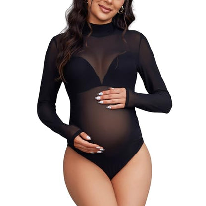 Bhome Mock Neck Maternity Bodysuit for Photoshoot Sheer Mesh Maternity Photography Outfits - size: Medium