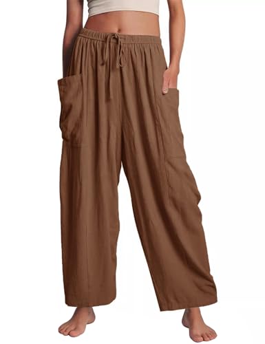 Flygo Women's Flowy Drawstring Wide Leg Pants with Side Pockets - color: Brown, size: XX-Large