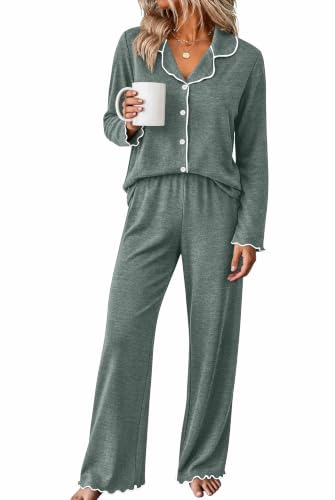 WIHOLL Women's Pajamas Sets Cute Ruffle Long Sleeve Button Up 2 Piece Pjs - color: Green, size: Small