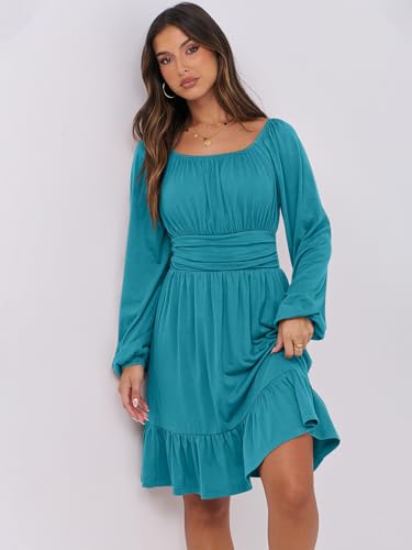 ANRABESS Women Long Lantern Sleeve Square Neck Fall Short Dress - color: Lake, size: Medium