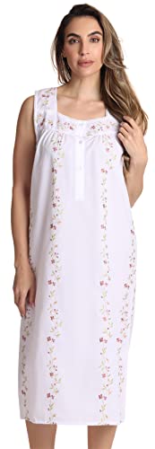 Dreamcrest Women's Sleeveless Nightgown, Floral Embroidered Cotton Blend Waltz Sleep Dress with Button Front - color: White, size: Medium