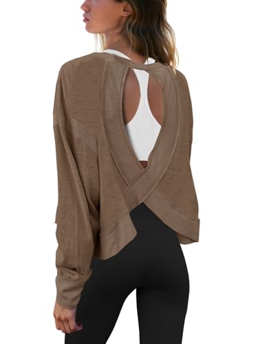 Panadila Womens Open Back Workout Tops Long Sleeve Shirts - color: Coffee Brown, size: Large