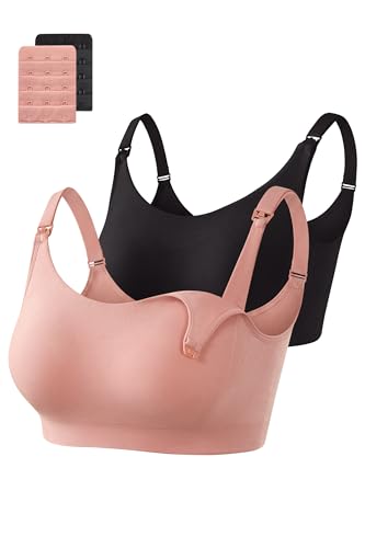 OUGES Cotton 2 Pack Nursing Bras Breastfeeding Seamless Maternity Sleep Bra - color: Black/Pink, size: Medium