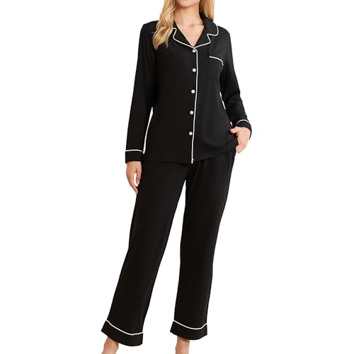 LYCY Cotton Pajamas for Women Set Long Sleeve Lounge Button Up with Pockets - color: Black, size: Medium