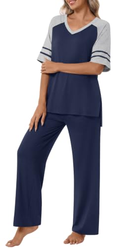 Anyhold Lounge Sets for Women Fall Pajamas Set 2 Piece Outfits - color: Navy Blue, size: Small