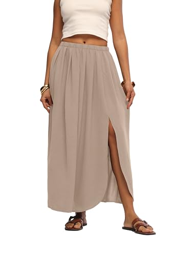HiMONE Womens Maxi Skirt High Waisted Flowy A Line with Side Slit - color: Apricot, size: XX-Large