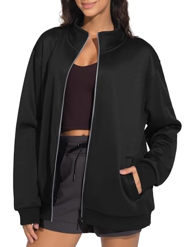 THE GYM PEOPLE Women's Oversized Zip Up Sweatshirts Fleece Mock Neck Jacket - color: Black, size: X-Large