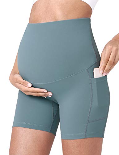 POSHDIVAH Maternity Biker Shorts Over the Belly with Pockets 5"/8" - color: Light Green, size: X-Large