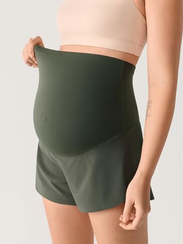 MOMANDA Athletic Maternity Dolphin Shorts 3" - color: Aspen Olive, size: Large
