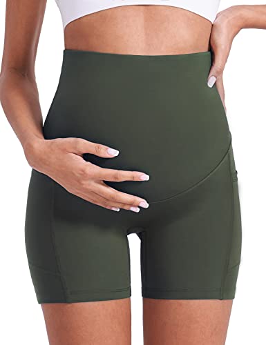 Enerful Maternity Biker Shorts with Pockets 8"/5" - color: Black + Dark Green 5", size: Small