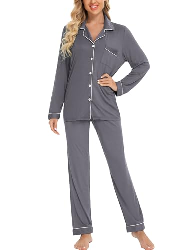 Leikar Button Up Pajamas For Women Long Sleeve Viscose Soft Pjs Lounge - color: Dark Grey, size: Large