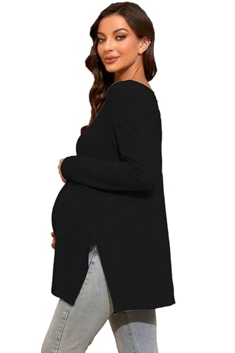 Smallshow Women's Side Split Maternity Shirts Long Sleeve - color: Black, size: X-Large