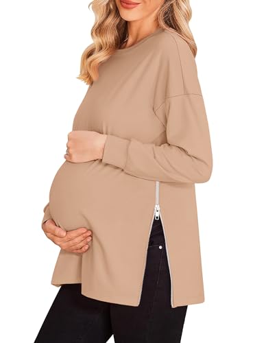 Women's Maternity Shirts Long Sleeve Sweatshirt Zipper Split Side Pregnancy Casual Tunic Top - color: Khaki, size: Medium