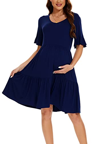Smallshow Women's Maternity Dress Ruffle Short Sleeve Pregnancy Clothes - color: Navy, size: Small
