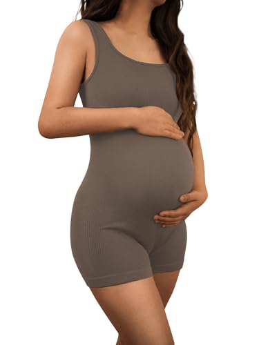 AIBIANOCEL Women's Maternity Bodysuit Pregnancy Shapewear Sleeveless Tank Top Shorts Ribbed Romper Jumpsuit - color: Tea Leaf, size: Medium