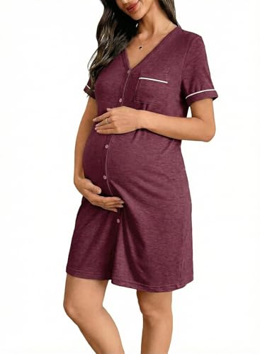 BLENCOT Women’s Labor and Delivery Night Gown for Maternity Short Sleeve V Neck Open Front Shirt Dress with Buttons - color: Burgundy, size: Medium
