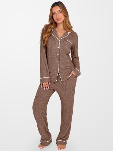 ANRABESS Women 2 Piece Pajama Lounge Sets 2026 Fall Outfits - color: Brown, size: Medium