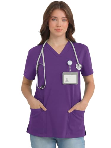 Womens Short Sleeve Tops V Neck T Shirts with 3 Pockets Tees - color: Dark Purple, size: Small