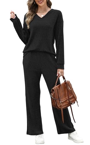 RUMIA Lounge Sets for Women Cozy Travel Matching Sweater Fall Outfits - color: Black, size: Large