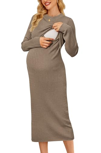 OUGES Women's Wool Blend Sweater Nursing Ribbed Fall Maternity Dress - color: Camel, size: Medium
