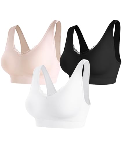 Bras for Women No Underwire Lace V-Neck Wireless Bra Wireless Sleep Bras - color: Black+white+skin, size: X-Large