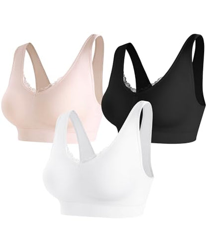Bras for Women No Underwire Lace V-Neck Wireless Bra Wireless Sleep Bras - color: Black+white+skin, size: X-Large