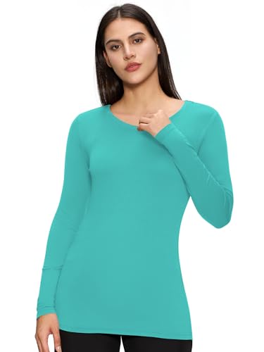 Underscrub Long Sleeve Women Crew Neck Comfort Tee, Scrub Undershirt - color: Aqua Blue, size: Small