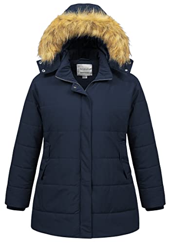 Chrisuno Women's Plus Size Winter Coat Waterproof Long Puffer Jacket Warm Thicken Parka with Removable Fur Hood - color: Navy Blue, size: 4X