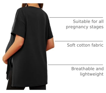 Ecavus Maternity Shirts Side Split Soft Cotton Loose Fit Pregnancy Tops - color: Black, size: Small