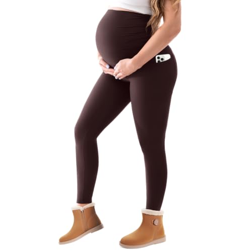 Walifrey Maternity Fleece Lined Leggings with Pockets - color: Brown, size: Medium