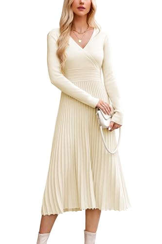 OUGES Women's Fall Maternity Dress for Photoshoot Long Sleeve Wrap V Neck Pleated Baby Shower Sweater Midi Dresses 2026 - color: Beige, size: Medium