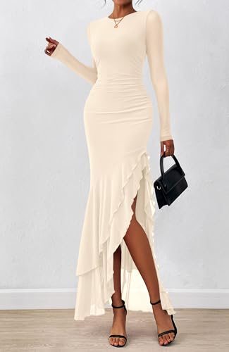 BTFBM Women's Maxi Dresses Fall 2026 Long Sleeve Wedding Guest Dress - color: Beige, size: Small