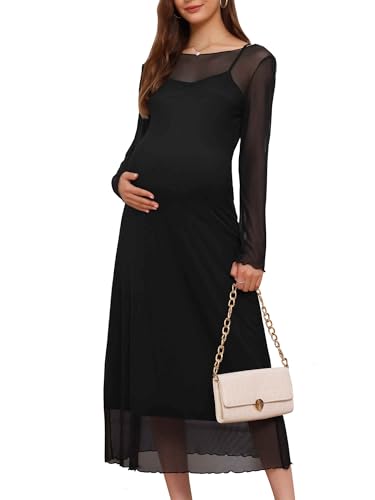 Women's Maternity Mesh Dress 2-Piece Maxi Bodycon Dress - color: Black, size: Large