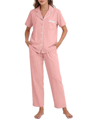 Flygo Womens Button Down Pajama Set Short Sleeve Top Long Pants Soft Loungewear Pjs Set with Pockets - color: Pink, size: Small