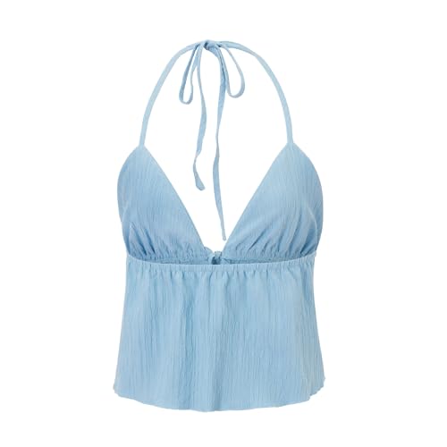 Women Front Tie Top Y2k Halter Neck Flowy Summer Going Out Tank Top Streetwear - color: A Blue, size: Medium