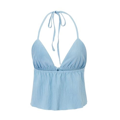 Women Front Tie Top Y2k Halter Neck Flowy Summer Going Out Tank Top Streetwear - color: A Blue, size: Medium