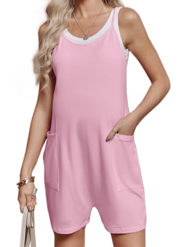 FMEYOA Maternity Romper Sleeveless Overall Shorts Jumpsuit with Pockets - color: Pink, size: Small