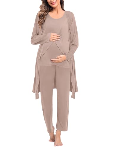 SWOMOG Maternity Nursing Robe Set 3 PCS Postpartum Breastfeeding Pajamas Hospital Pregnancy Pjs Double Layer Lounge Set - color: Light Brown, size: X-Large