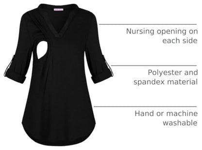 Joymom Maternity Rolled Long Sleeve Nursing Tops Tunic Blouses Breastfeeding - color: 4-1 Black, size: XX-Large