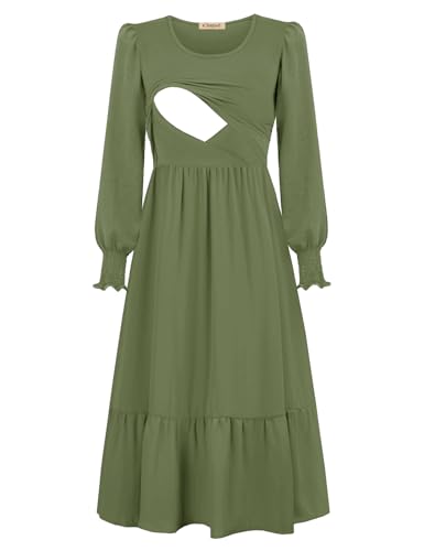CzzzyL Women Nursing Dresses Crew Neck Fall Maternity Tiered with Pockets - color: Green, size: Medium