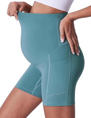 POSHDIVAH 3/4 Pack Maternity Biker Shorts Over The Belly with Pockets 5"/8" - color: Black/Grey/Blue 5", size: Medium