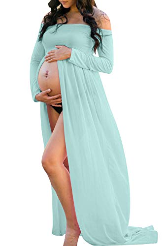 Maternity Off Shoulder Chiffon Gown Long Sleeve Front Split Maxi Photography Dress for Photoshoot - color: Light Green, size: Small