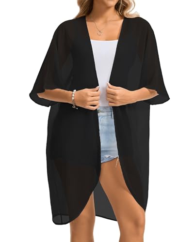 Kimonos for Women Swimsuit Coverup Beach Casual Outfits Summer Cardigans - color: Black, size: Medium