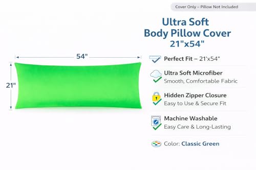 EVOLIVE Body Pillow Cover 21"x54", Microfiber Hidden Zipper (Classic Green) - color: Classic Green