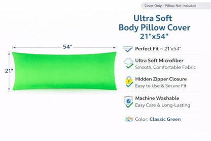 EVOLIVE Body Pillow Cover 21"x54", Microfiber Hidden Zipper (Classic Green) - color: Classic Green