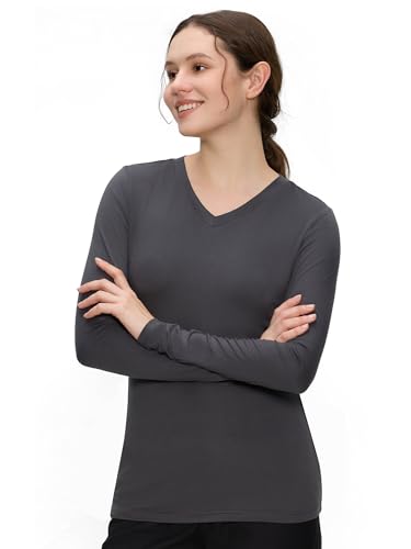 COZYFIT Women’s Underscrub Tee, V-Neck Long Sleeve Undershirt - color: Dark Grey, size: Large