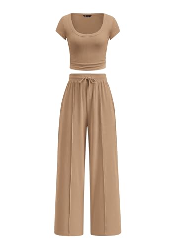 PRETTYGARDEN Women's Summer 2 Piece Matching Lounge Sets - color: Khaki, size: Small